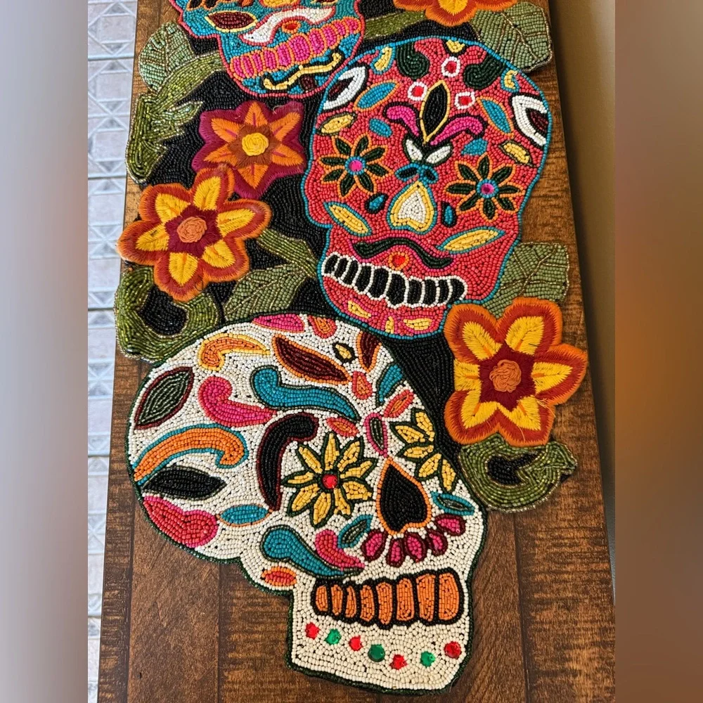 RARE! HTF! NWT Pier One Sugar Skull Day of the Dead Ornate Beaded Tablerunner